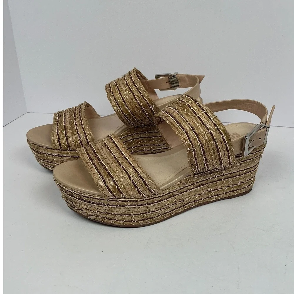 Schutz Womens 7.5B Gold Woven Straw Platform Wedge Slingback‎ Sandals Brazil